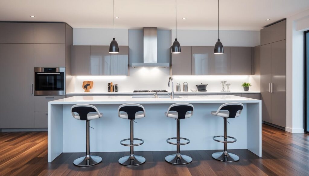 Kitchen island seating with black and white bar stools