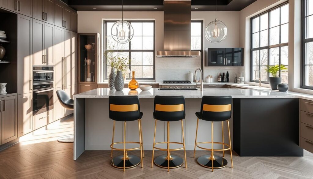 Kitchen island with black and gold bar stools