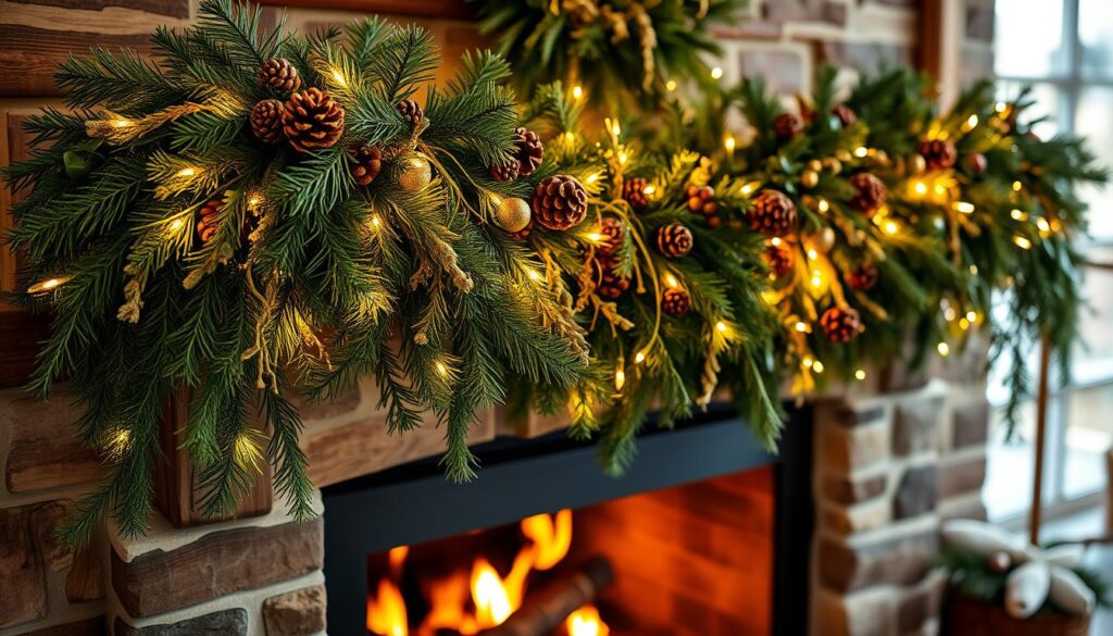 Layered garland on fireplace mantel