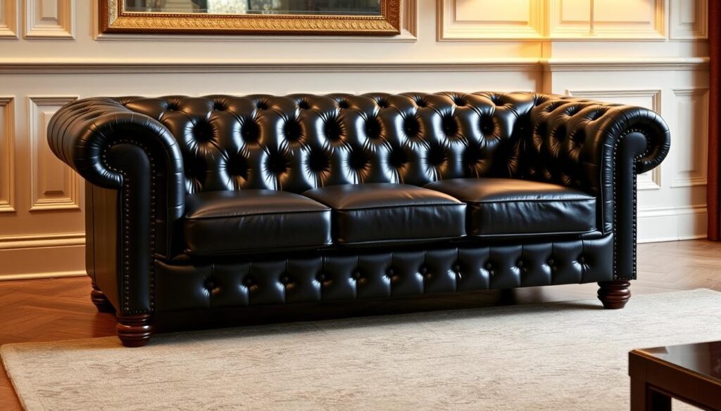 Leather Chesterfield Black Sofa with tufted design