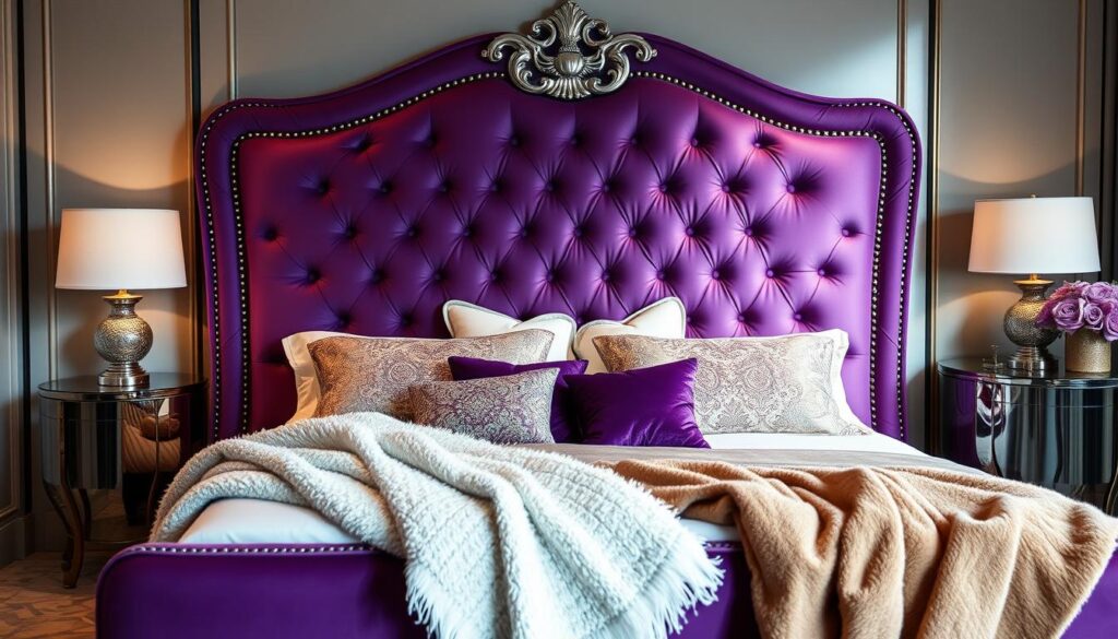 Luxurious velvet purple upholstered bed frame