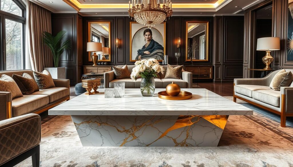 Marble gold coffee table as living room centerpiece