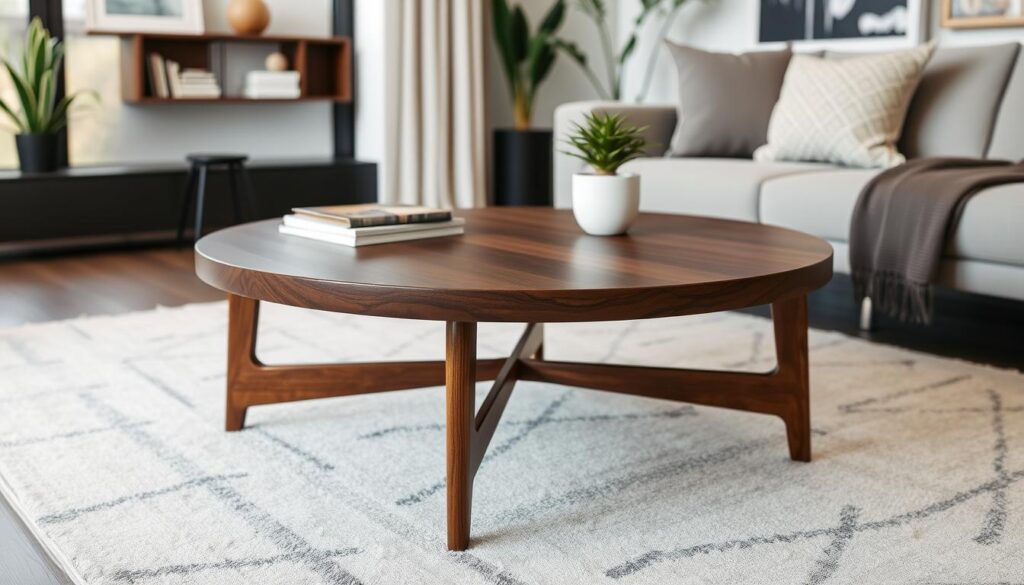 Mid-century modern round walnut coffee table