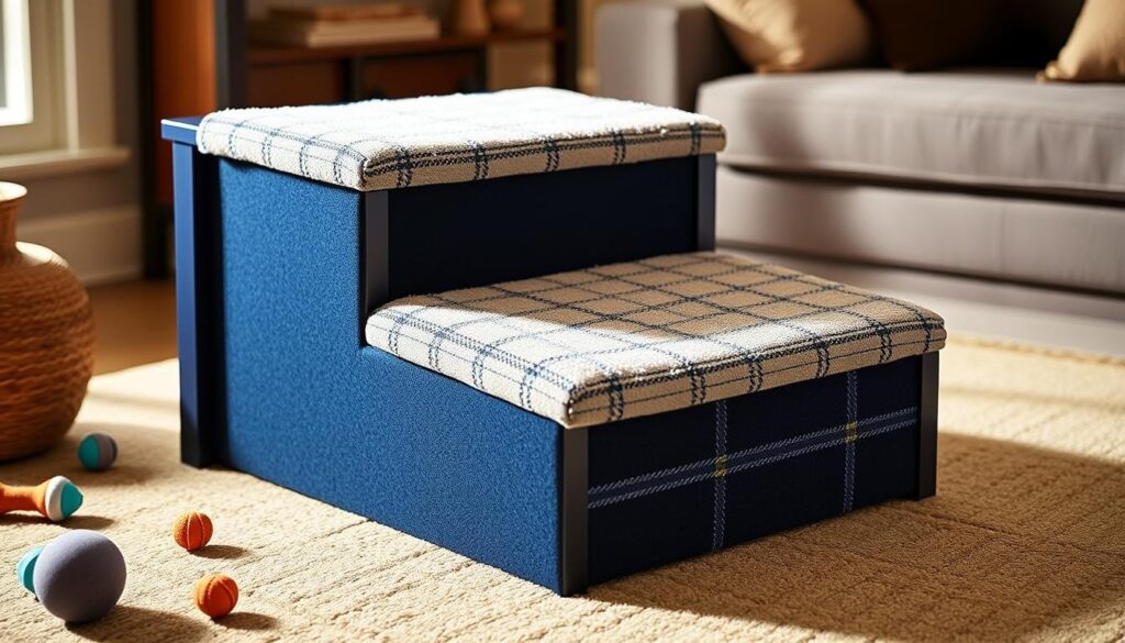 Navy blue pet stairs with classic check design