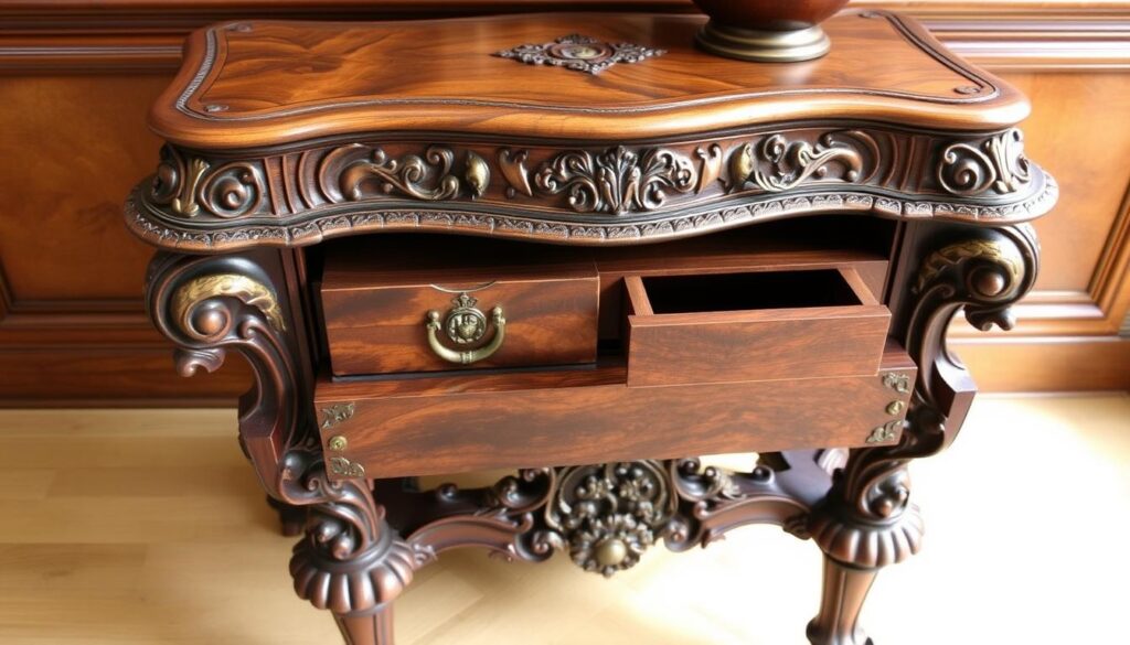 Old World style accent table with ornate details