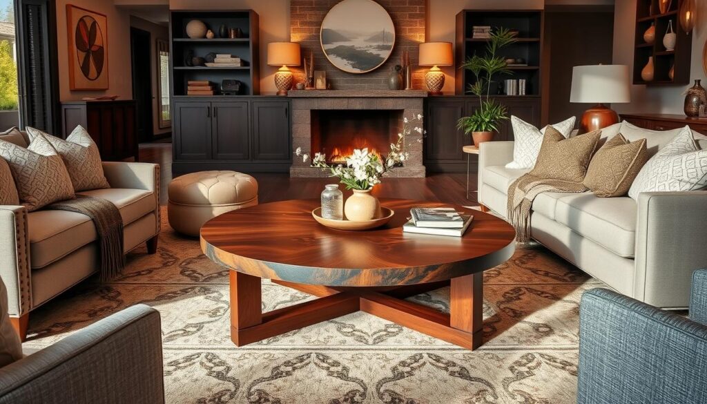 Round walnut coffee table in living room