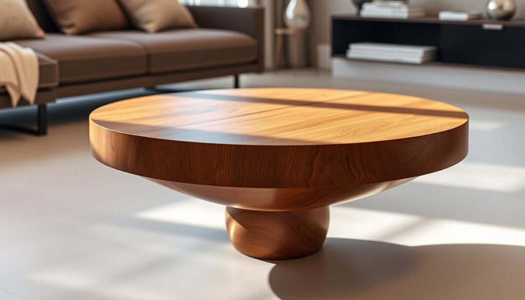 Round wood coffee table with ball base design