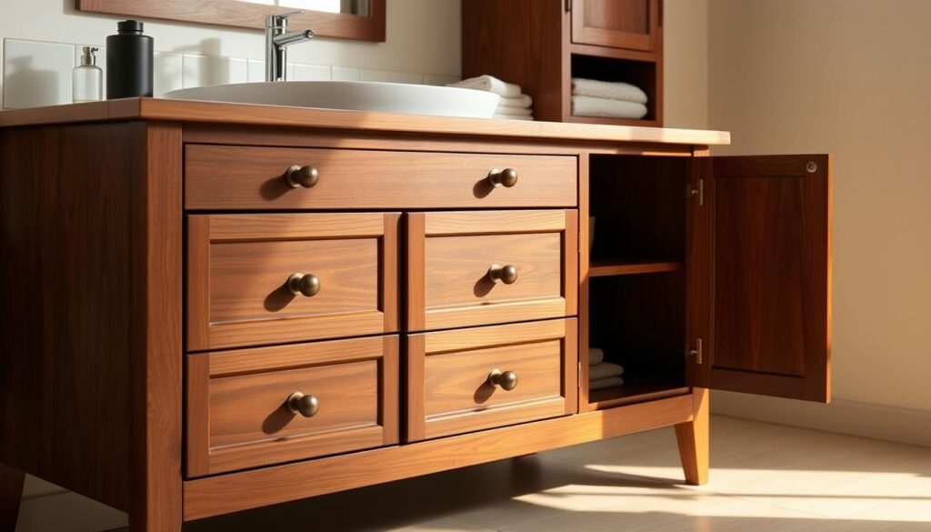 Solid hardwood components in mid-century bathroom cabinet