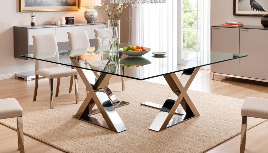 Square dining table with metal accents and glass top