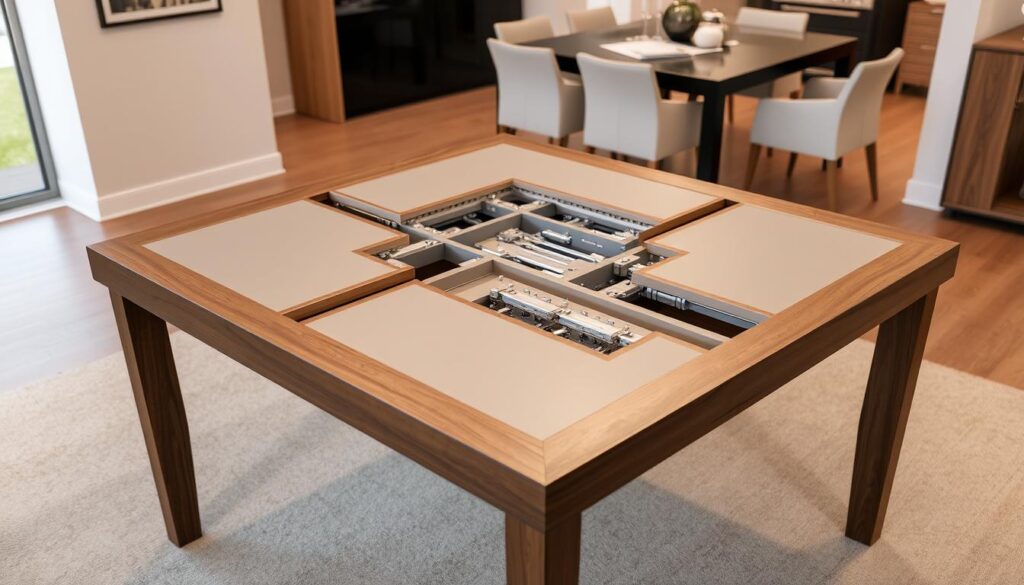 Square extendable dining table mechanisms