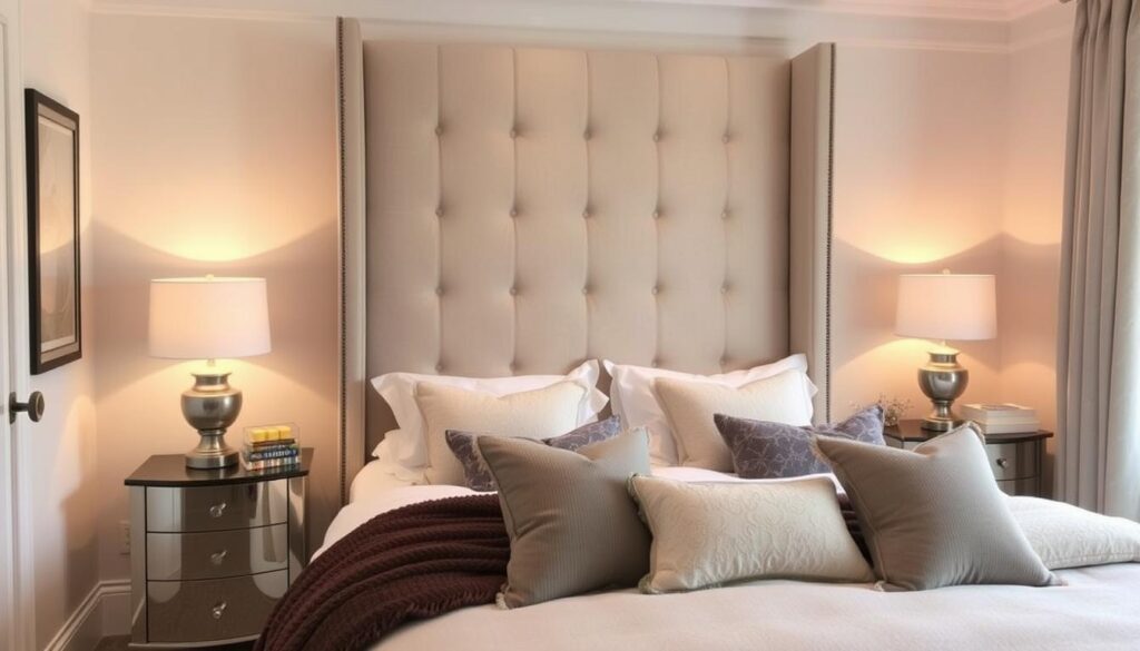 Tall wingback headboard as a bedroom focal point