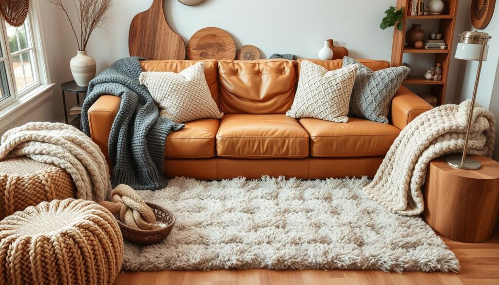 Texture combinations for light brown leather couch