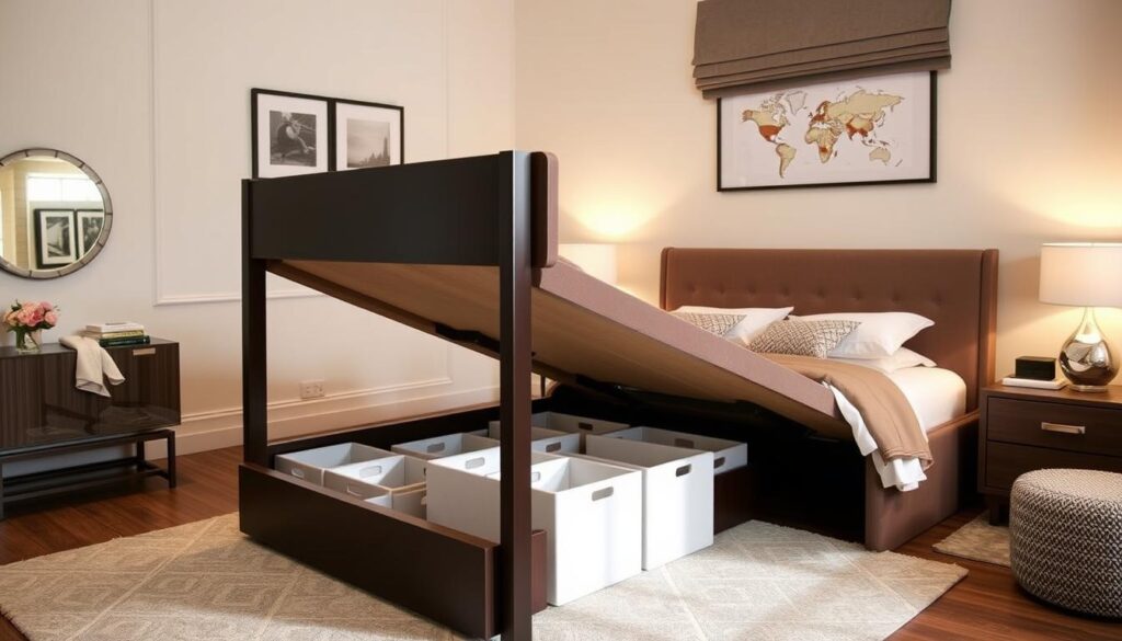 Under-bed storage in tall king bed frame