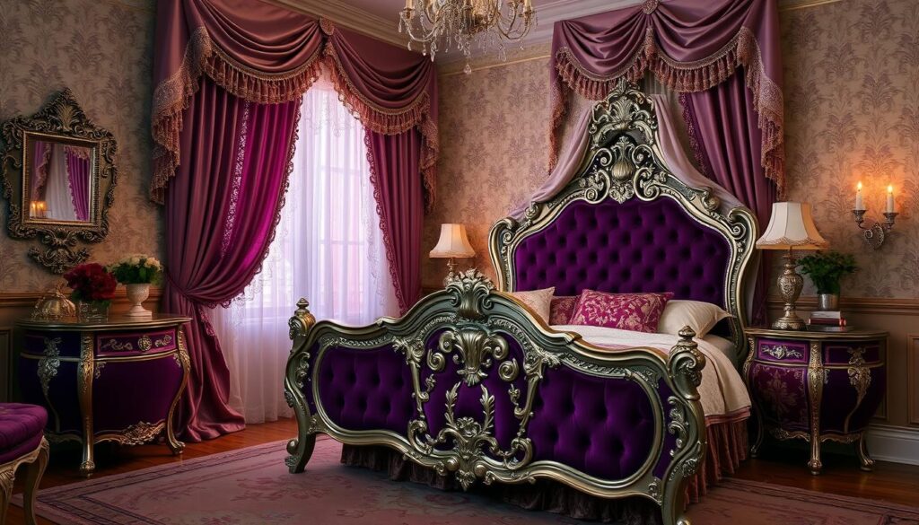 Victorian bedroom with purple and silver accents