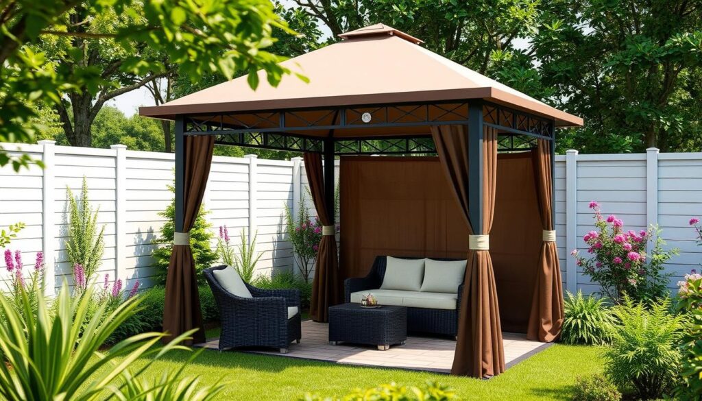 Wall-mounted hardtop gazebo with drainage system