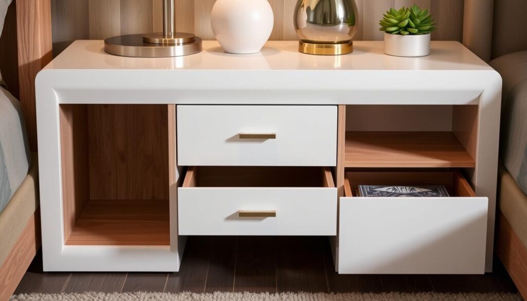 White and oak nightstand storage solutions