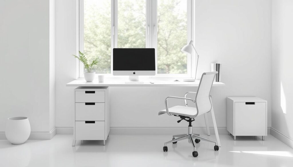 White computer desk in a minimalist workspace