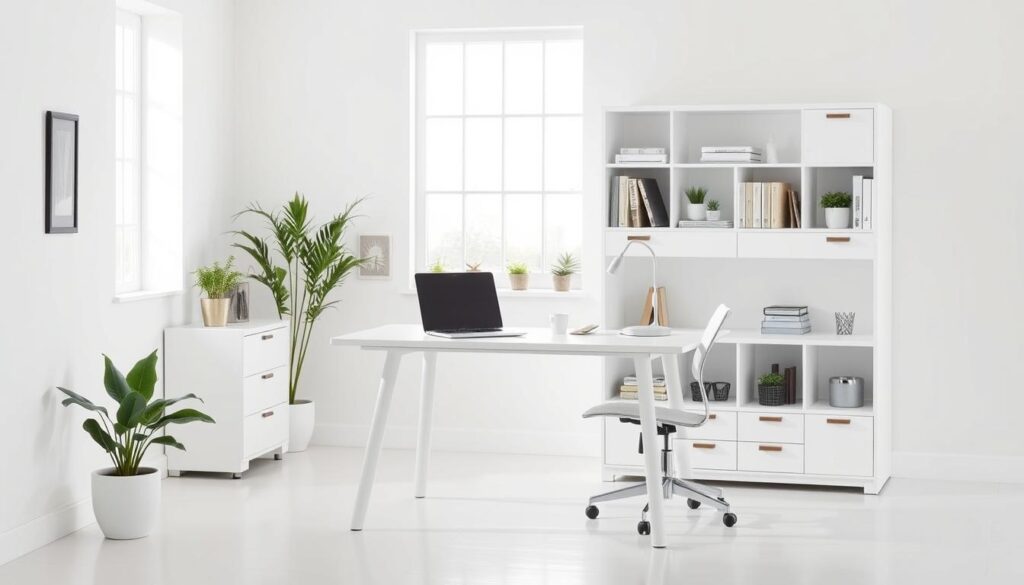 White desk and hutch with integrated storage