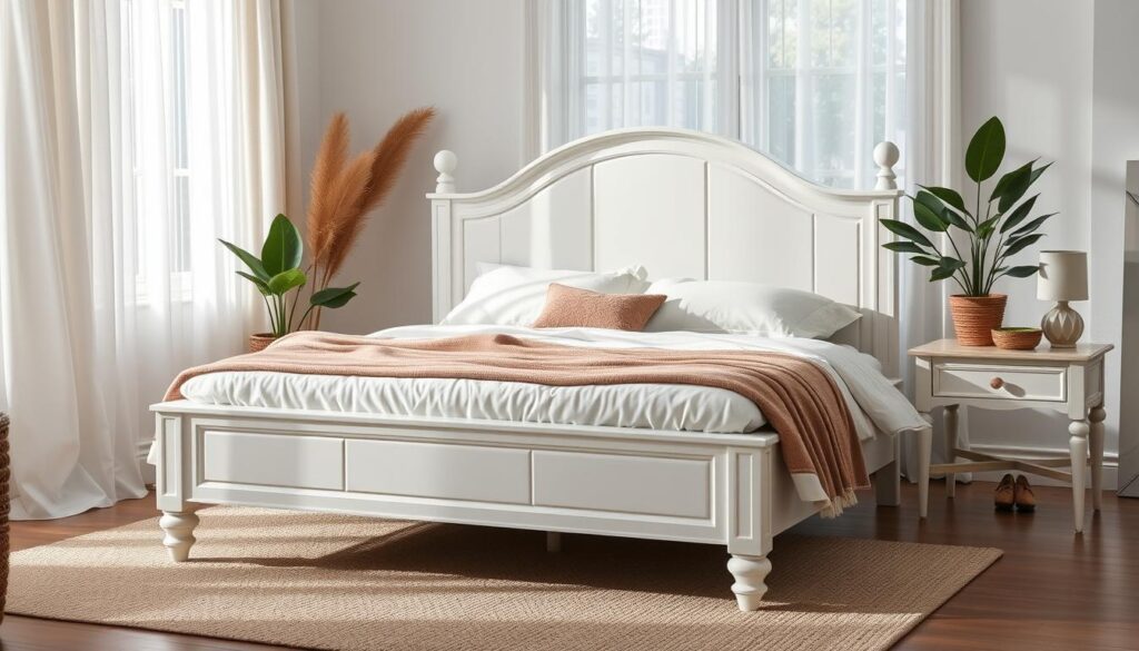 White wood queen bed features