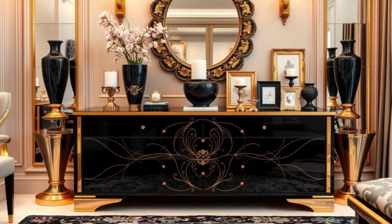 black and gold dresser