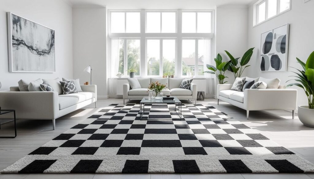 black white checkered rug