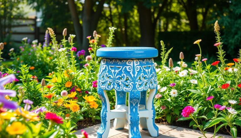 blue and white garden stool