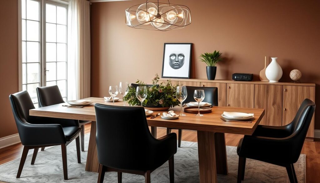 dining room decor with black leather chairs