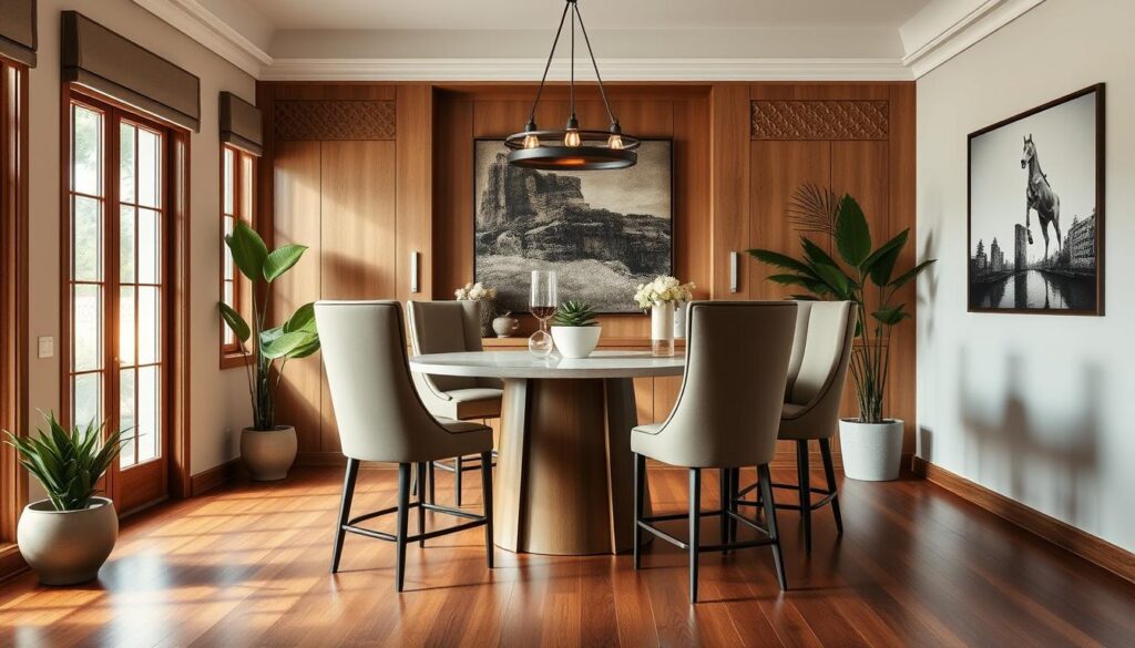 dining room layout with round counter height table