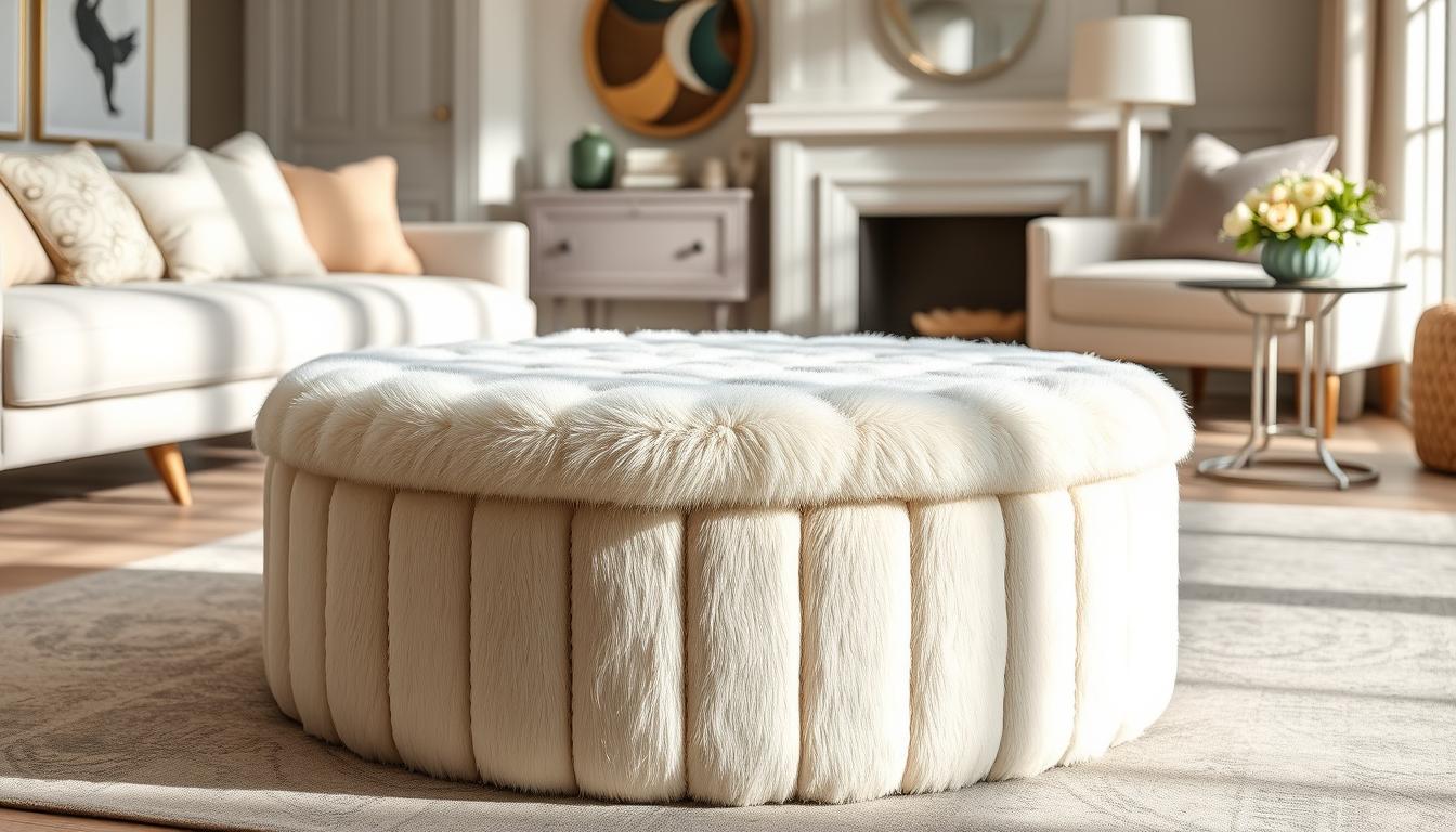 faux fur upholstered round storage ottoman