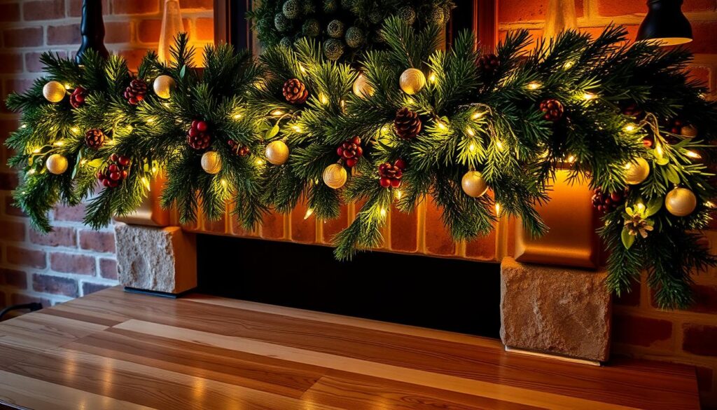 garland lighting mantel display