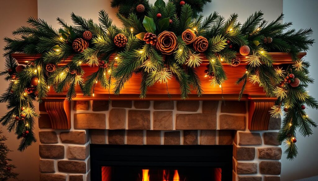 mantel decoration with garland and lights