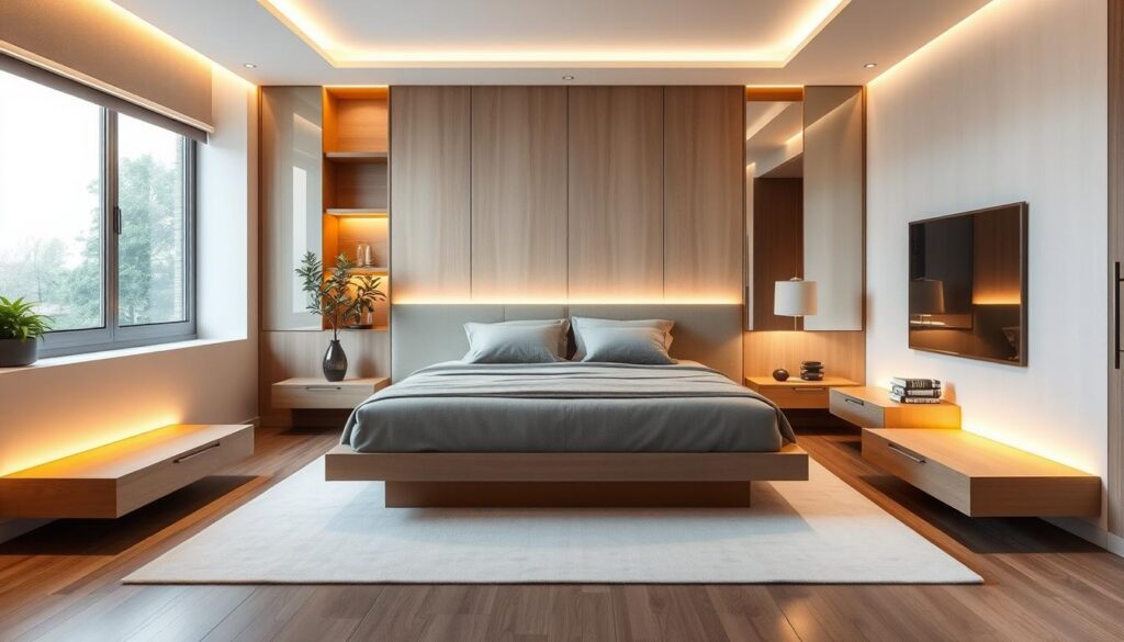 modern bedroom design with floating nightstands