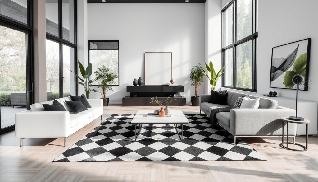 modern living room with checkered rug