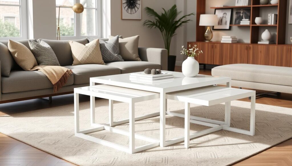 nesting configuration of white coffee tables