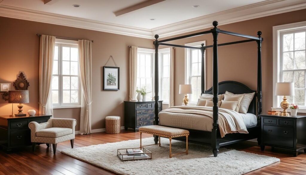 neutral bedroom decor with mini accent lamp