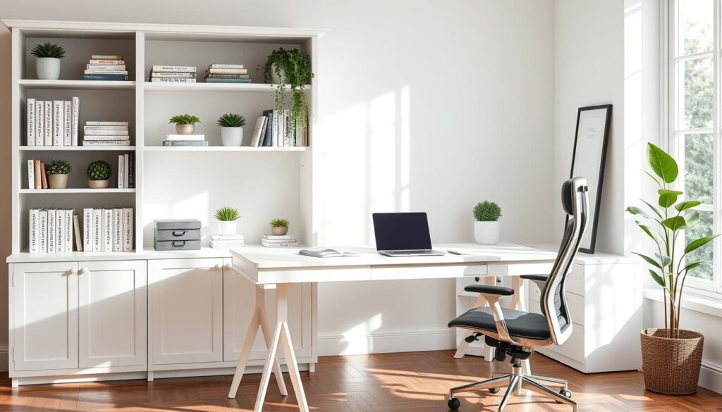 office organization with white desk and hutch