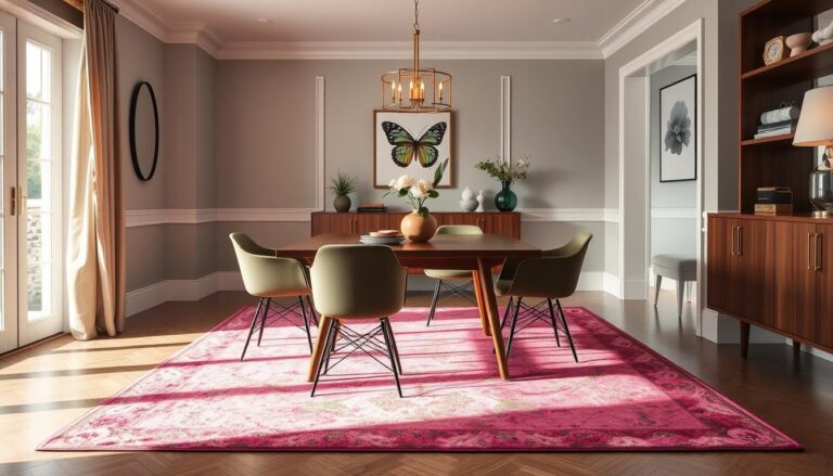 pink and green rug in dining room