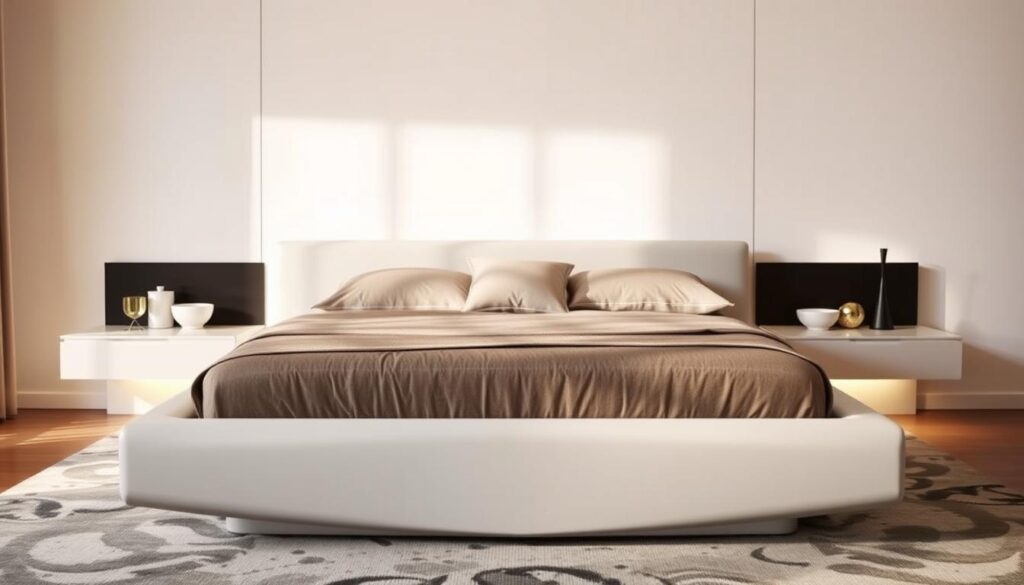 queen size bed with floting night nightstands and storage