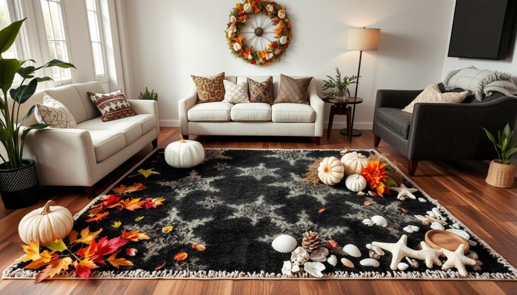 seasonal decor with black and beige rug