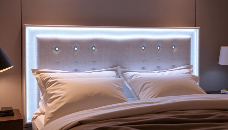 upholstered headboardbuilt in lights