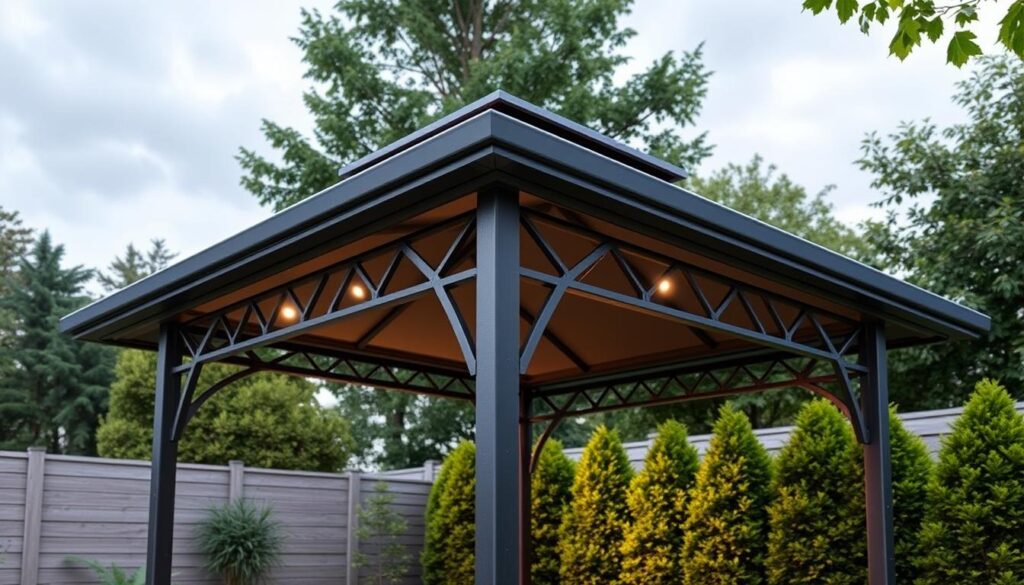 wall-mounted hardtop gazebo with drainage gutters 12x16