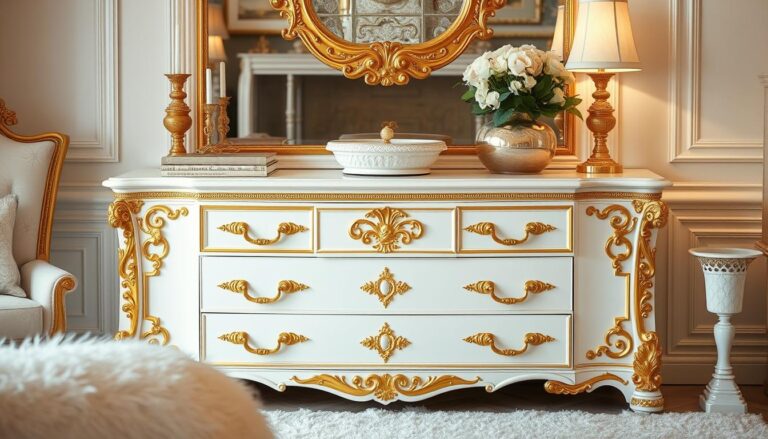 white and gold dresser