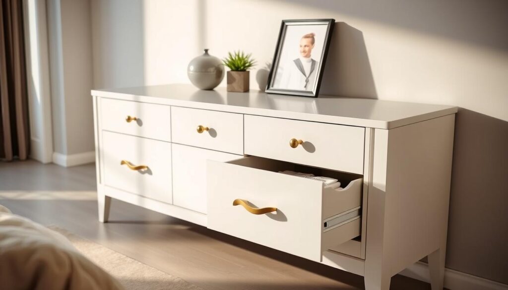 white dresser with gold knobs