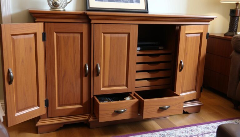 wood cd cabinet with doors and drawers