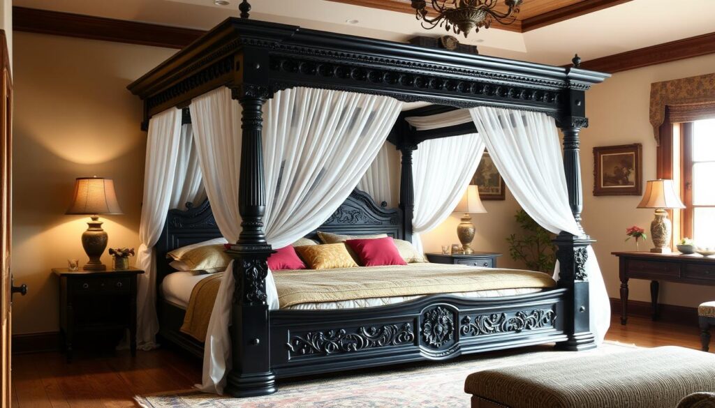 wooden canopy bed