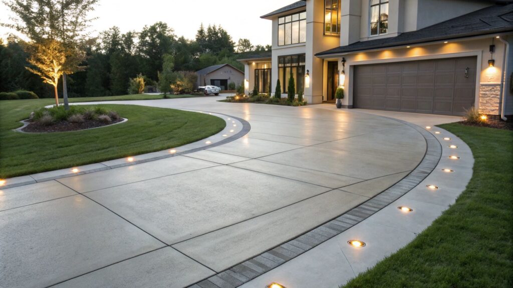 Modern Concrete with Inlaid Lighting - Half Circle Driveway Design to Boost Your Curb Appeal