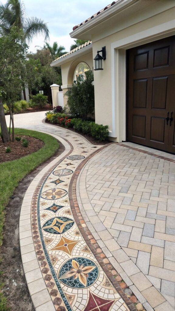 Mosaic Tile Accent - Half Circle Driveway Design to boost Your curb appeal