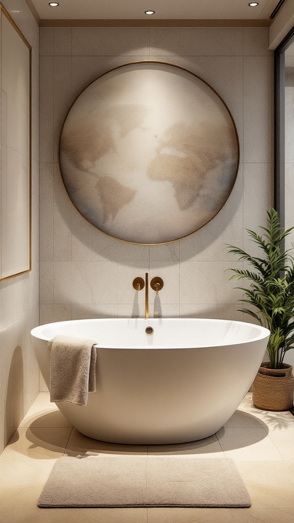 A stylish small bathtub in a modern bathroom with soft lighting and a plant.