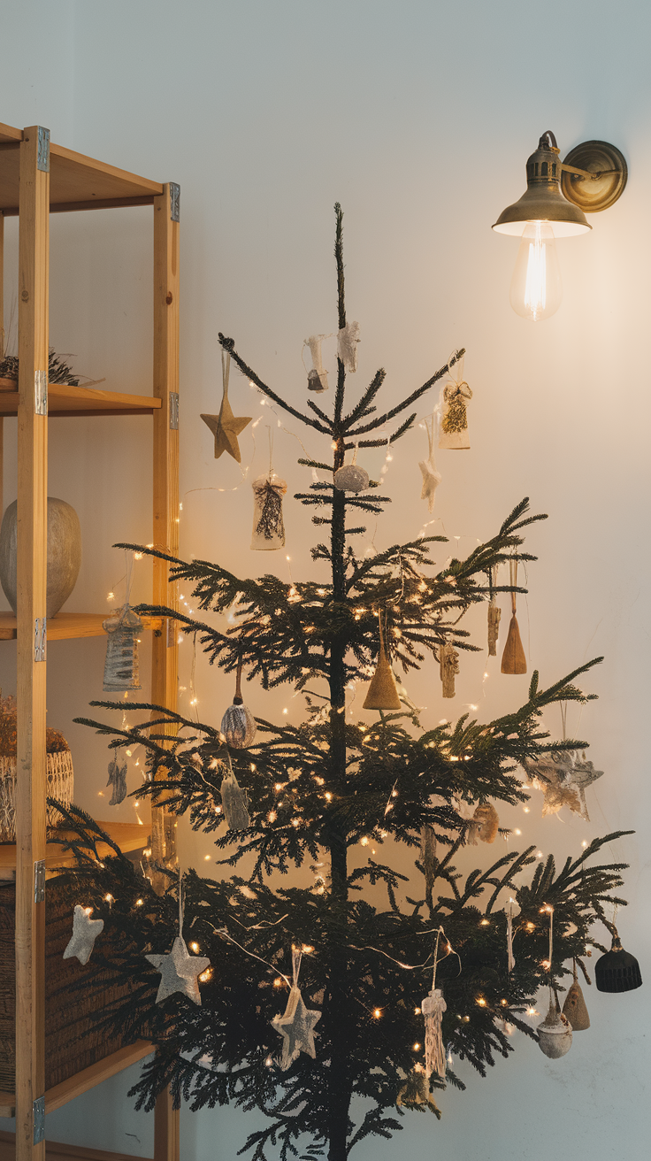 Artistic black tree decorated with ornaments and soft lights.