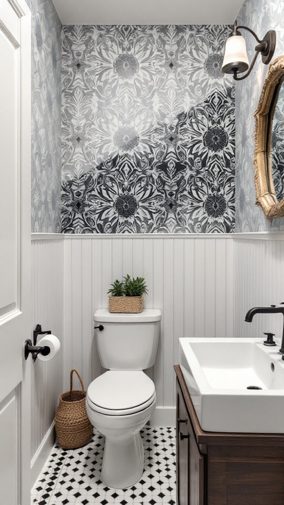 A stylish bathroom featuring a floral accent wall, white wainscoting, and modern fixtures.